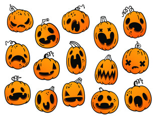 Vector set of pumpkin Emoji for Halloween. Funny, scared, angry pumpkins. Color isolates