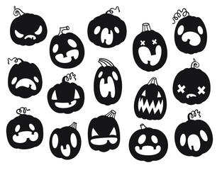Vector set of pumpkin Emoji for Halloween. Funny, scared, angry pumpkins. Black and white isolates - 382292726
