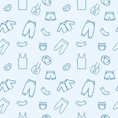 Blue endless pattern for a boy with Doodle clothing drawings. Seamless background in the children's room, tailoring, Wallpaper for your phone. Packaging paper design.