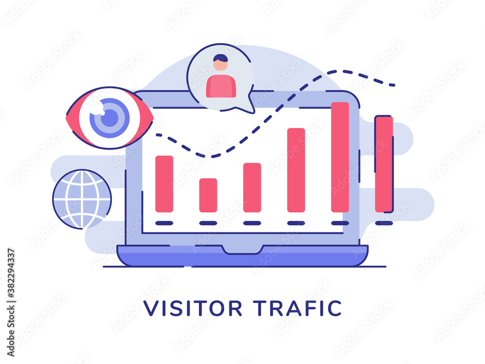 Wall mural visitor traffic concept statistic bar chart on display laptop screen white isolated background with 