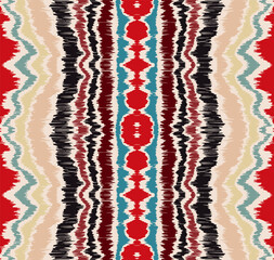 Ikat border. Geometric folk ornament. Ink on clothes. Tribal vector texture. Seamless striped pattern in Aztec style. Ethnic embroidery. Indian, Scandinavian, Gypsy, Mexican, African rug.