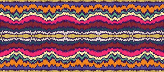 Ikat border. Geometric folk ornament. Ink on clothes. Tribal vector texture. Seamless striped pattern in Aztec style. Ethnic embroidery. Indian, Scandinavian, Gypsy, Mexican, African rug.