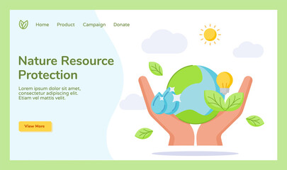 Nature resource protection hand holding earth water drop bulb lamp leaf campaign for web website home homepage template banner landing page with flat style