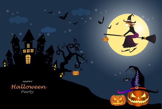 Happy Halloween party with Jack O' Lantern pumpkin, witch hat, bat and flying witch on moon night,