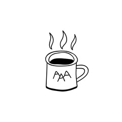 Enamel mug full of hot tea vector ilustration. Hand drawn outdoors cup doodle.