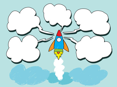 The jet rocket going to sky with empty speech balloon for your message.Cartoon look like children's handwriting.