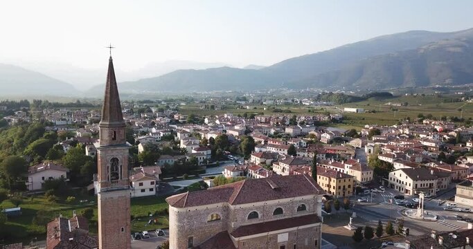 360 degree view of Parrocchia di San Michele Arcangelo in Bigolino, Italy with mountains, town and river in the background