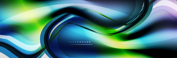 Vector abstract background, flowing liquid style bubble with metallic, color quicksilver chrome texture and color glow effects