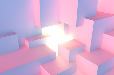 Fototapeta premium Abstract architectural vaporwave background with cube construction in pink and blue lights stage and light beam inside