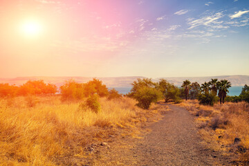 Seascape on Northern Israel. Dirt road to Sea of Galilee. The Lake of Gennesaret, Israel