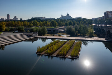 Gardens on the banks of the Manzanares River in the area known as Madrid Rio in Madrid, Spain