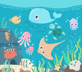Plakat Fish and wild marine animals in ocean. Sea world dwellers, cute underwater creatures, coral reef inhabitants in their natural habitat, undersea fauna of tropics.