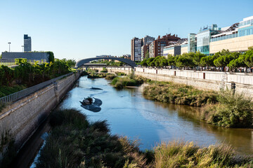 Gardens on the banks of the Manzanares River in the area known as Madrid Rio in Madrid, Spain