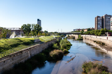Gardens on the banks of the Manzanares River in the area known as Madrid Rio in Madrid, Spain