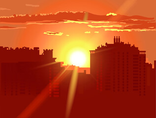 Sunset over the rooftops of the city. Vector illustration. 
