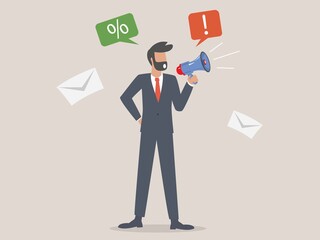 Businessman talking into megaphone. Make an announcement.Cartoon of business success is the concept of the man characters business, the mood of people, can be used as a background. illustration vector