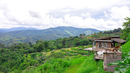Little Home at mountains in thailand. Landscape view of mountains.