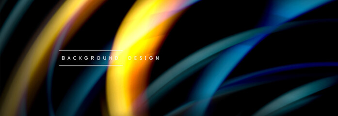 Dynamic motion abstract background. Color blurred stripes on black. Wave liquid lines poster. Vector illustration