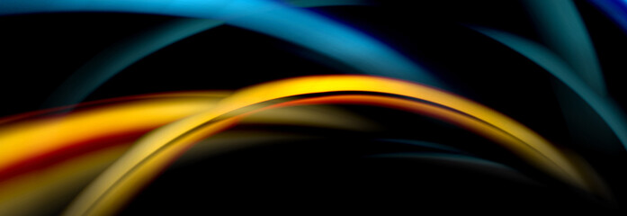 Dynamic motion abstract background. Color blurred stripes on black. Wave liquid lines poster. Vector illustration