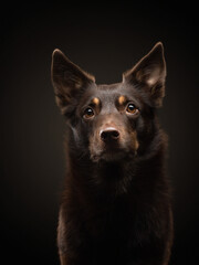 dog on a black background. Australian kelpie in the studio. Vertical portrait. 