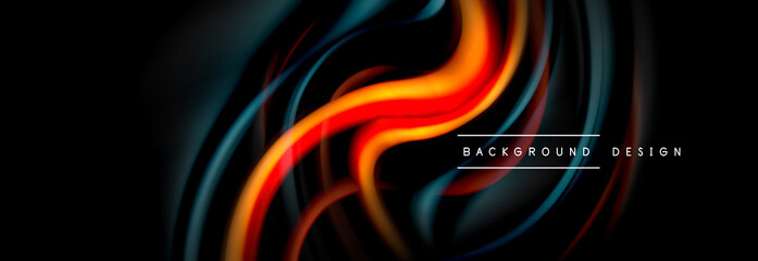 Dynamic motion abstract background. Color blurred stripes on black. Wave liquid lines poster. Vector illustration