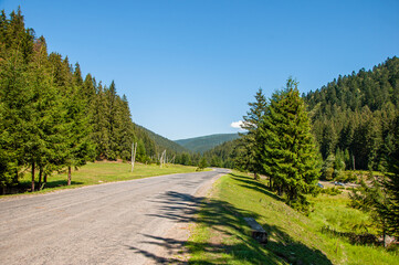 Fototapeta na wymiar Serpentine road between mountains overgrown with trees and clear blue sky