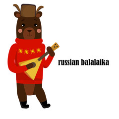 Russian bear with a balalaika and a hat with earflaps.