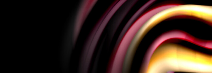 Dynamic motion abstract background. Color blurred stripes on black. Wave liquid lines poster. Vector illustration