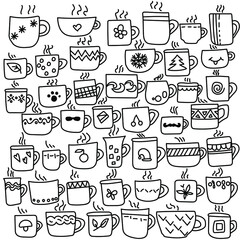 Set of 45 doodle hot drink cups and mugs, outline drawings with cute decor in the form of hearts, snowflakes, patterns, vector outline illustration