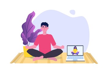 Online sports tutorial, Yoga studios streaming consept. Working out at home. Vector illustration