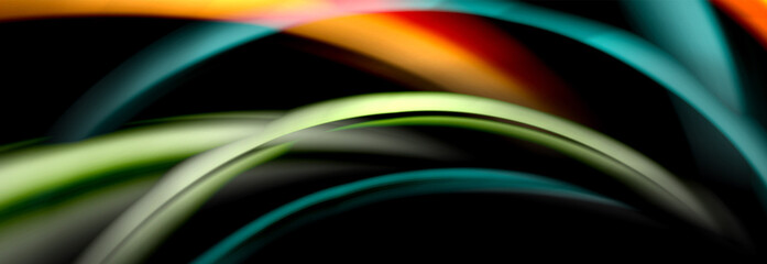 Dynamic motion abstract background. Color blurred stripes on black. Wave liquid lines poster. Vector illustration