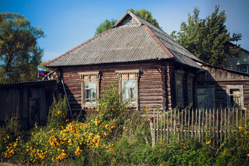 View of the old wooden village house in the Russian village. Overgrown plot with a picket fence
