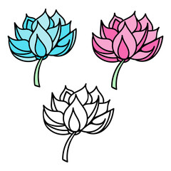 Set of color lotus flower in beautiful style. Illustration of lotus flower pink and turquoise on white background.