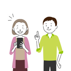 Illustration of a senior woman who asks her son to teach her how to use a smartphone (I understand how to use it!)