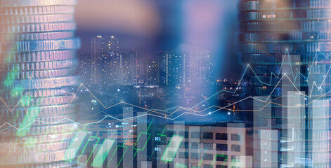 Double exposure of city night and stack of coins for finance investor, investment and banking concept