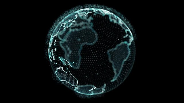Abstract Rotating Digital World HUD Globe from Particles Loop 4k Animation Alpha Mask Matte Channel. Digital World Map Planet Earth. Social Future Technology Business Scientific Growth Network