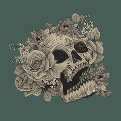 Skull with flora ornament. Halloween concept. Dark tattoo
