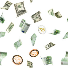 Fototapeta premium Euro money seamless pattern falling cash. European banknotes Dollars, Bitcoins isolated on white background.
