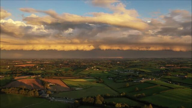 Drone footage of sunset shelf cloud or arcus cloud on a thunderstorm approaching Cookstown in Northern Ireland