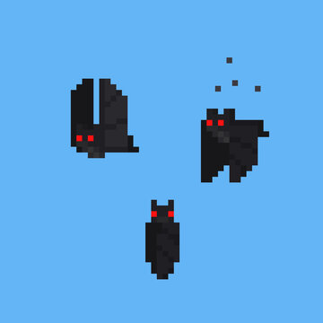 Pixel art cartoon flying bat character set.