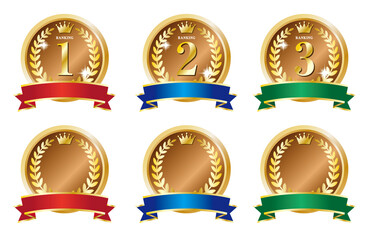 鮮やかなリボンと輝くゴールドのランキングメダルのアイコンセット/白背景
