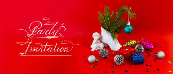 an invitation to the New Year, the Christmas party on a red background