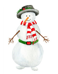 Watercolor snowman. Hand painted vintage Christmas illustration with snowman in black hat and scarf isolated on white background. Winter symbol for New year card, print, postcard, decoration