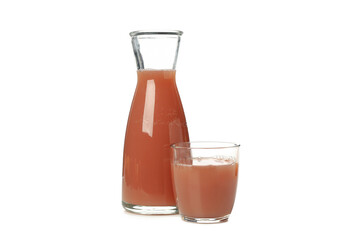 Jug - bottle and glass with strawberry juice isolated on white background
