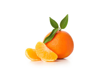 Ripe mandarin with leaves isolated on white background