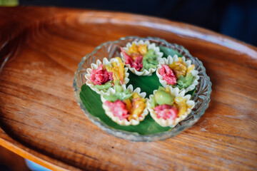 Thai food, Kratong Thong (Minced Chicken and Sweet Corn in Crispy Golden Cup) on dish