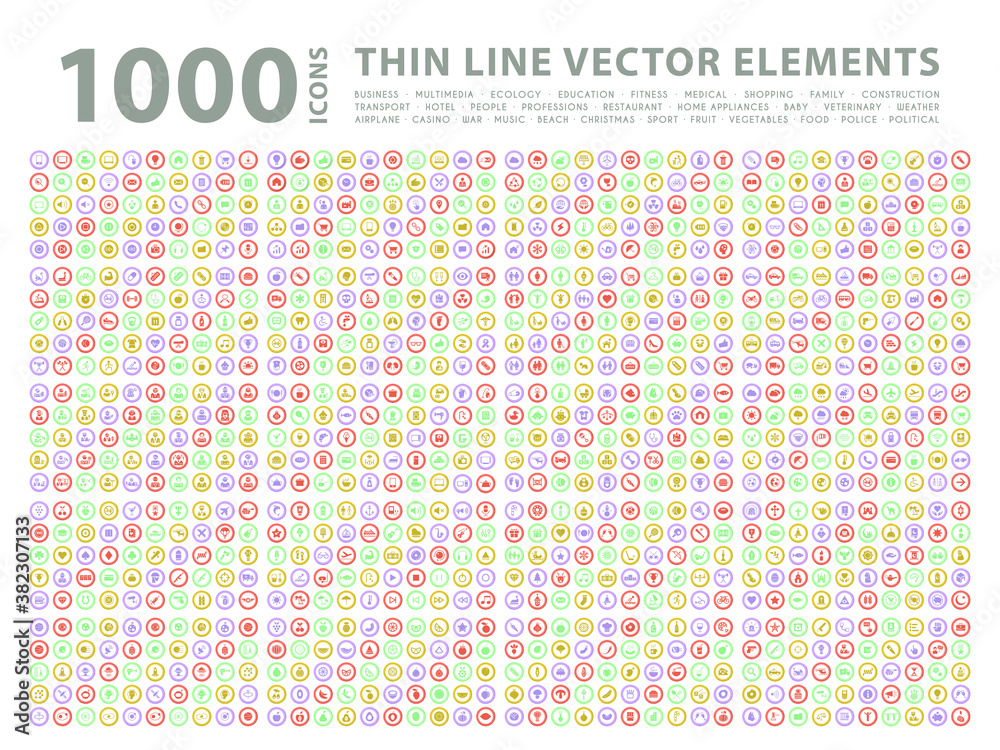 Poster set of 1000 high quality solid icons on colorful buttons . isolated vector elements