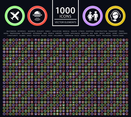 Set of 1000 High Quality Solid Icons on Colorful Buttons . Isolated Vector Elements