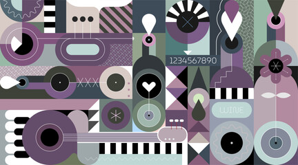 Abstract art composition of wine bottles and music instruments. Geometric style vector illustration.