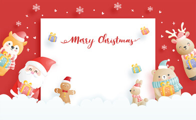 Christmas card, celebrations with Santa and friends, Christmas scene in paper cut style vector illustration. 